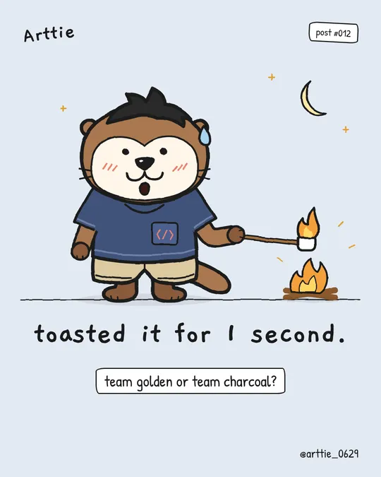 Arttie at a campfire with a marshmallow already on fire