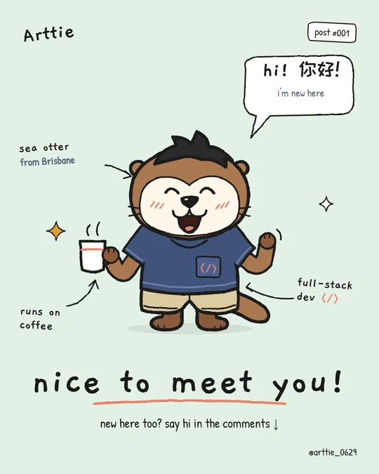 Arttie waves hello holding a coffee