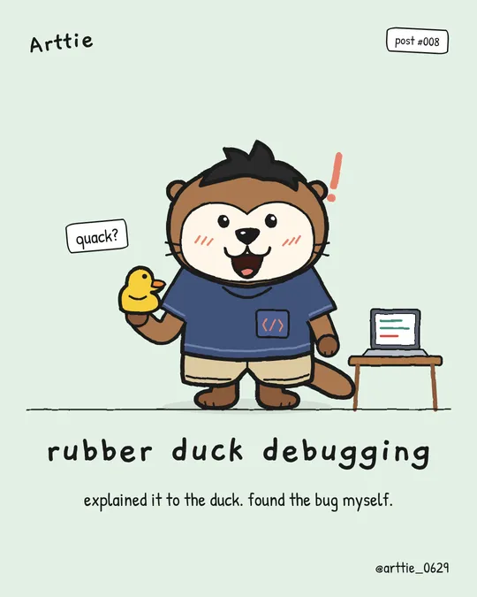 Arttie holds up a rubber duck and finds the bug himself