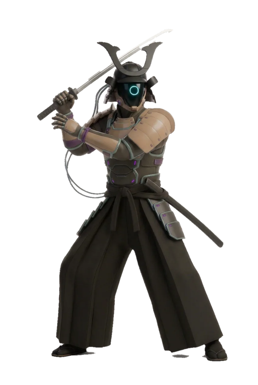 The site's cyber samurai, katana raised over his shoulder